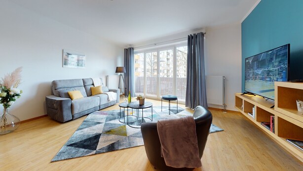 A modern living room with a grey sofa, a coffee table, a TV, and a large window with curtains. - le nid cosy 1 free garage  up to 2 (Colmar)