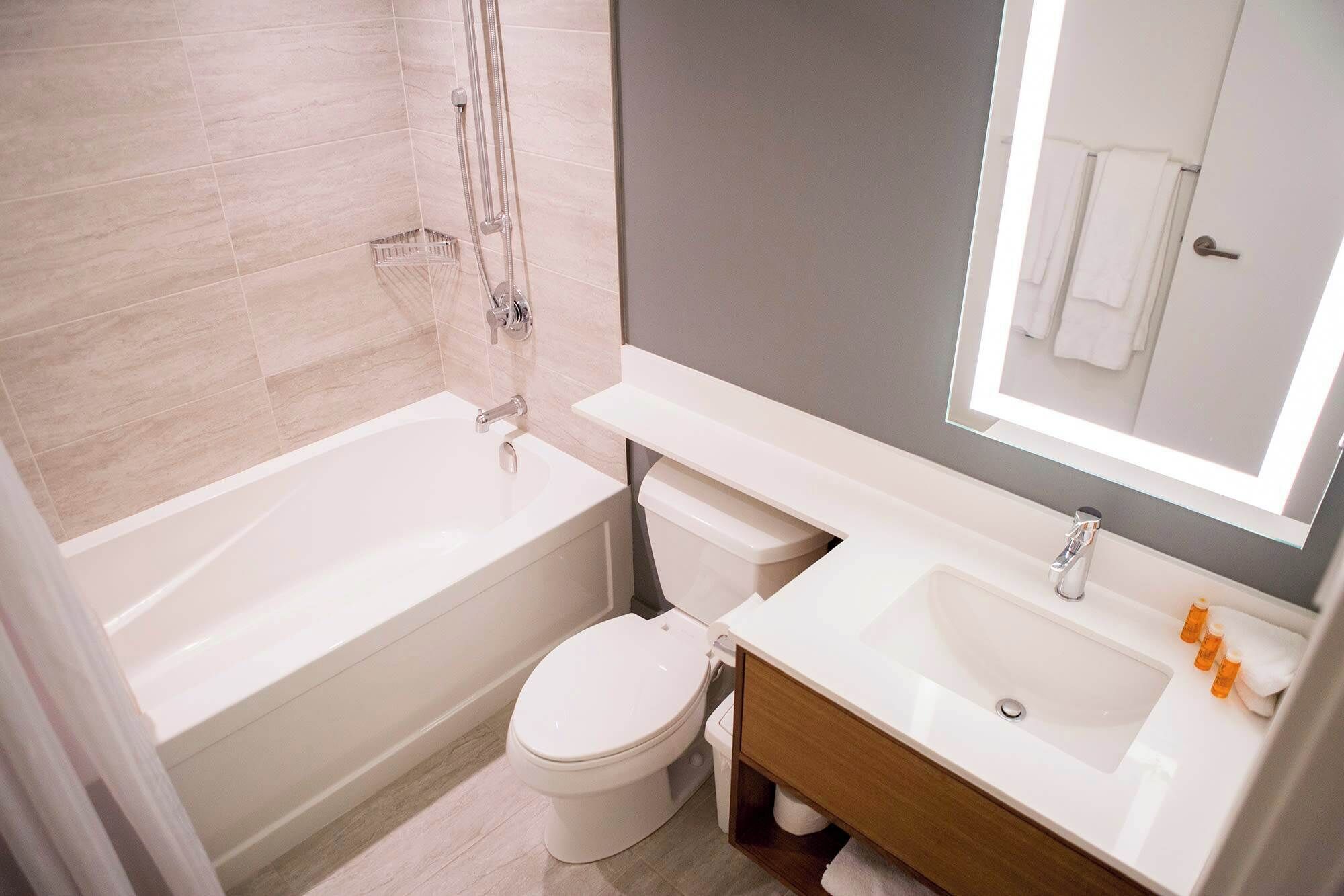 Bathtub, hair dryer, towels, shampoo