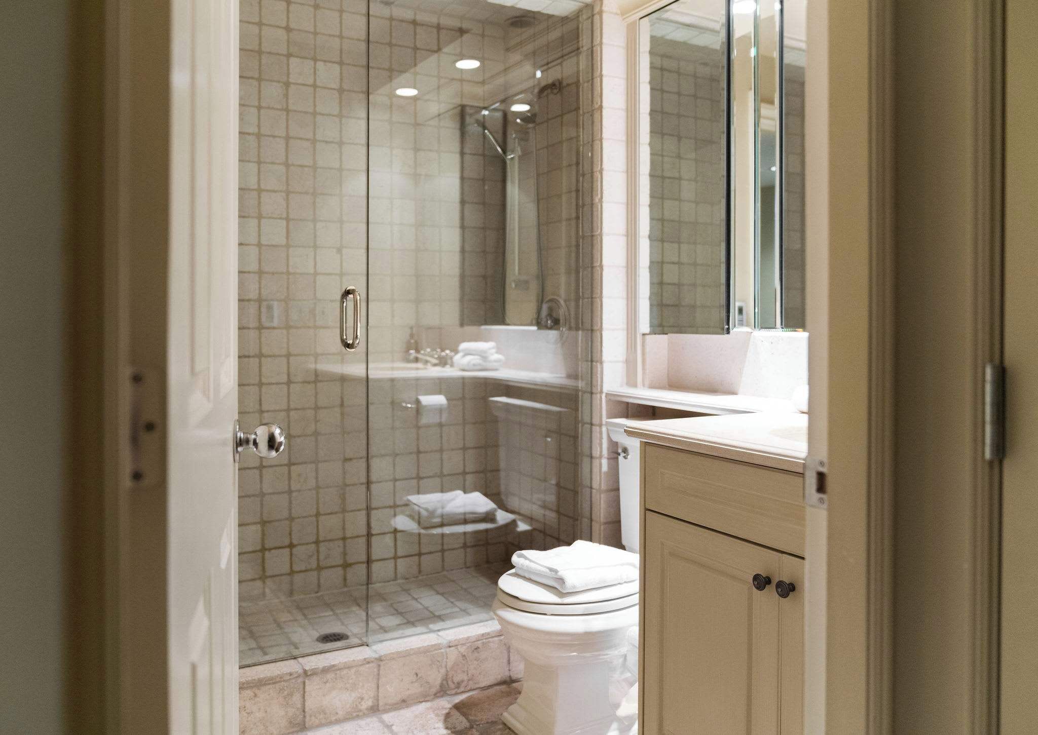 A bathroom with a glass-enclosed shower, a toilet, and a sink with a mirror above.