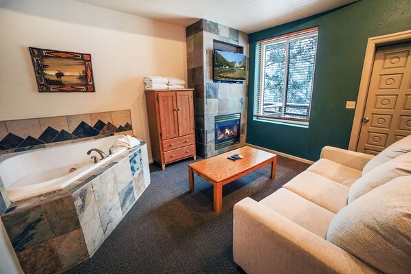 Fernseher, Kamin, DVD-Player, Videothek