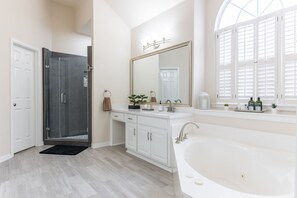 Combined shower/tub, hair dryer, bidet, towels