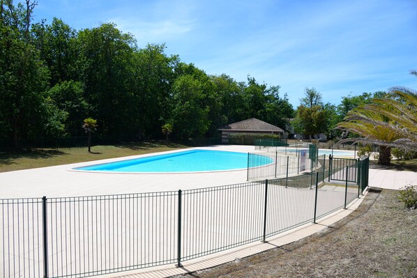 Ein rechteckiger Pool mit Fliesen umgeben, umrahmt von einem Metallzaun.