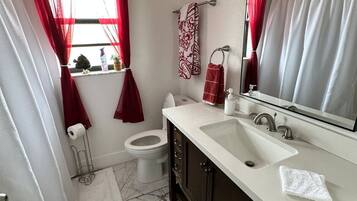 Combined shower/bathtub, hair dryer, towels, soap