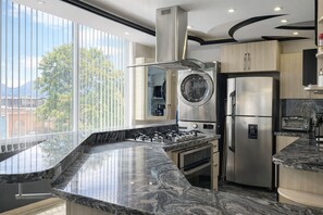 Een moderne keuken met een groot eiland, roestvrijstalen apparatuur en uitzicht op de omgeving.