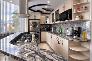 Fridge, microwave, oven, stovetop