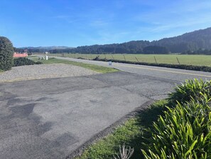 A paved road with a grassy field and a fence in the background. - Sand Ranch - Epic Ocean View & Spa (Gold Beach)