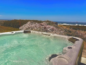 Un jacuzzi con vistas despejadas al océano y una isla lejana.