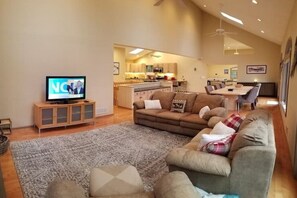 Smart TV, fireplace, video games, foosball