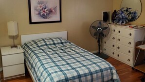 A bedroom with a bed, a nightstand, a dresser, a fan, a mirror, and a framed picture on the wall.