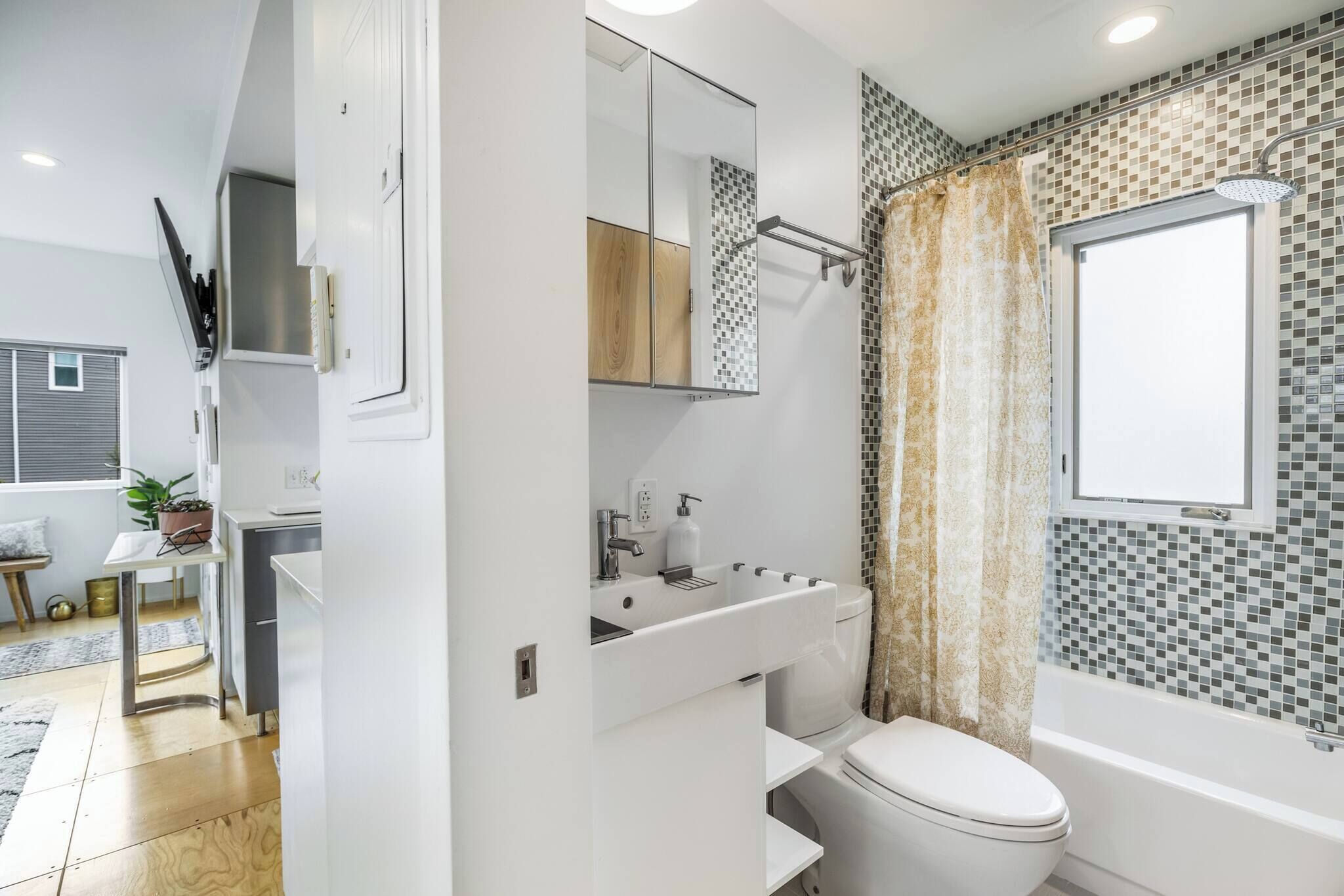 Combined shower/bathtub, hair dryer