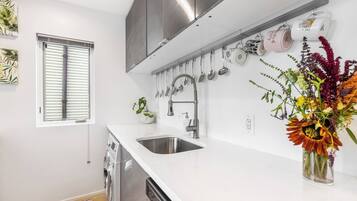 A modern kitchen with a stainless steel sink, a built-in dishwasher, and a hanging utensil rack.