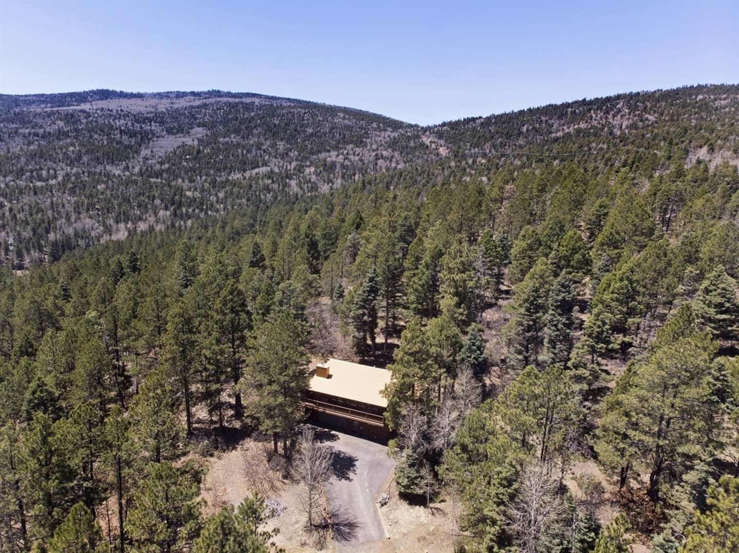 A cabin surrounded by dense forest with a clear view of the surrounding hills.