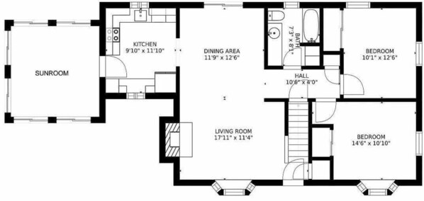 A floor plan with a sunroom, kitchen, dining area, living room, two bedrooms, and a hall.