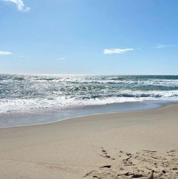 A beach with clear skies and waves.