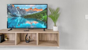 A flat-screen TV on a wooden TV stand with a mountain landscape on the screen, a potted plant, and a black decorative item.