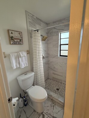 Combined shower/bathtub, hair dryer, towels, soap
