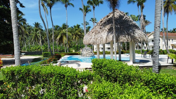 Ein Poolbereich eines Resorts mit einer strohgedeckten Struktur, Palmen und blauem Himmel.
