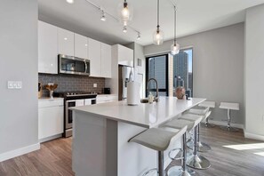 Coffee/tea maker, fridge, microwave, oven - 2BR Retreat in Downtown + City Skyline Views (Chicago)