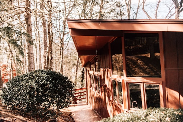 A wooden cabin with a covered porch, large windows, and a pathway leading to the entrance.