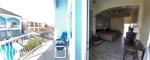 Chambre, 2 grands lits, balcon, vue piscine