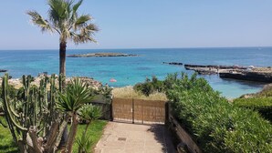 A coastal garden with cacti and palm trees, a stone pathway leading to a gate, and a view of the sea. - Heart of Ognina - Veliero - Apartment with sea view (Ognina)