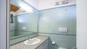 A bathroom with a sink, mirror, toilet, and a shower area. - Residence Molino Trilocale 12 (Manerba del Garda)