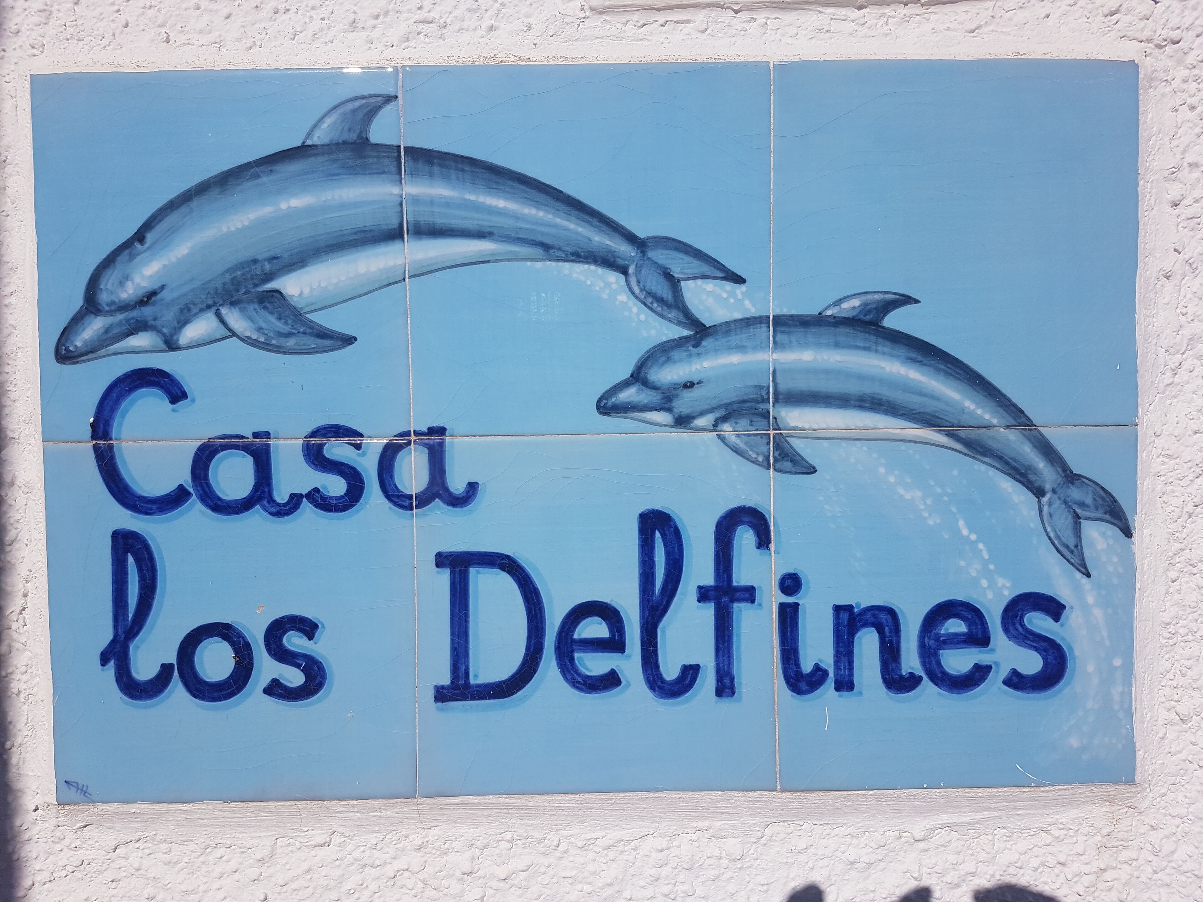 A tiled wall with two dolphins and the text 'Casa los Delfines'.