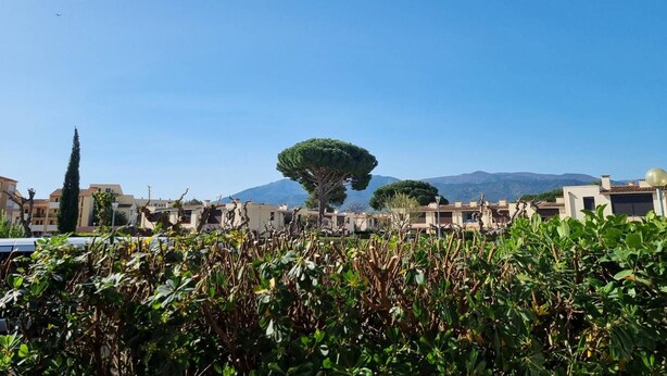 A residential area with a clear view of a mountain in the background. - Ground-Floor Studio Cabin for 4 with Terrace – 300m from Beach & Shops (Argelès-sur-Mer)