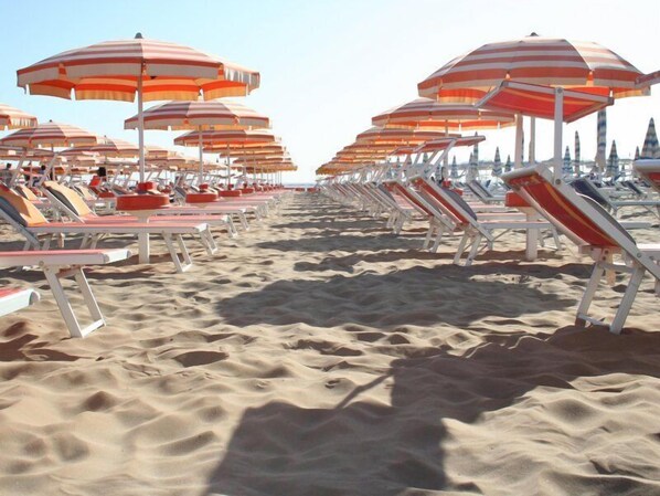 Plage à proximité, chaises longues, parasols, bar de plage