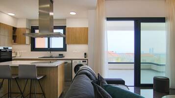 Deluxe Apartment | Private kitchen | Full-size fridge, microwave, oven, stovetop