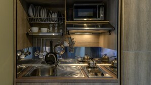 A compact kitchen with stainless steel appliances, including a microwave and sink, and a dish rack above. - Casa De' Fiori Kefalonia★Studio 3 (Σκάλα)