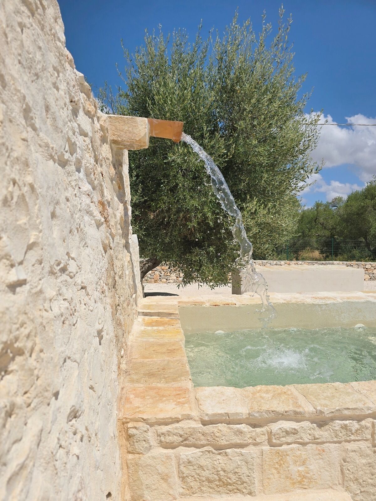 Una pared de piedra con un caño vertiendo agua en una piscina.