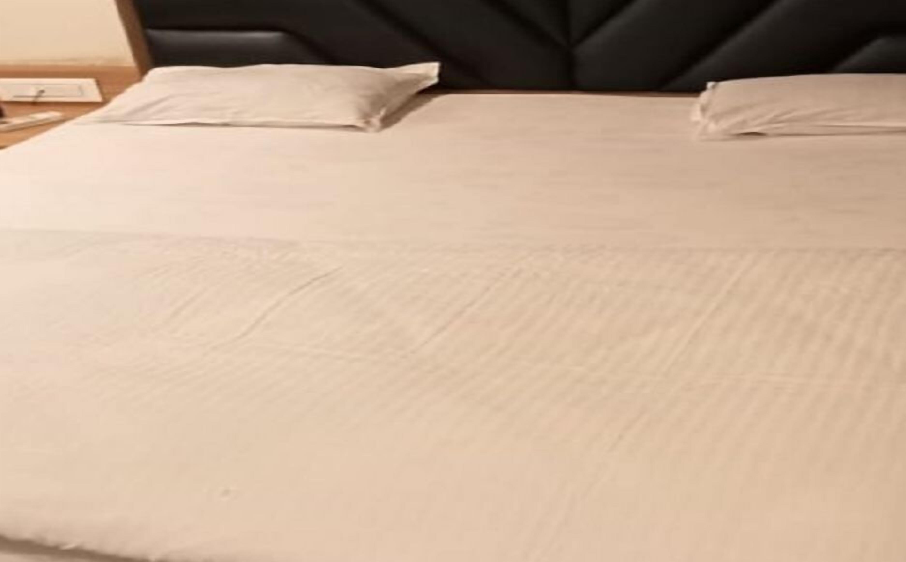 Cama com lençol branco e duas almofadas, cabeceira de madeira e mesa de cabeceira com abajur.