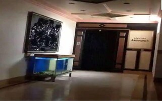 A hotel lobby with a large abstract painting, a reception desk, and a door labeled "HOTEL AMBROSI".