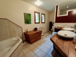 Bathtub, hair dryer, towels, toilet paper