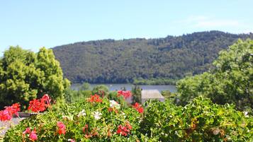 Un jardín con flores rojas y blancas en primer plano, un lago y una colina arbolada al fondo.