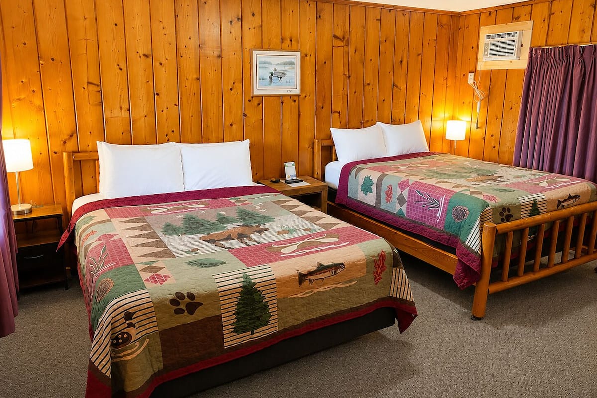 Una habitación con dos camas de madera, una mesita de noche, una lámpara, un cuadro en la pared y una ventana con cortinas.