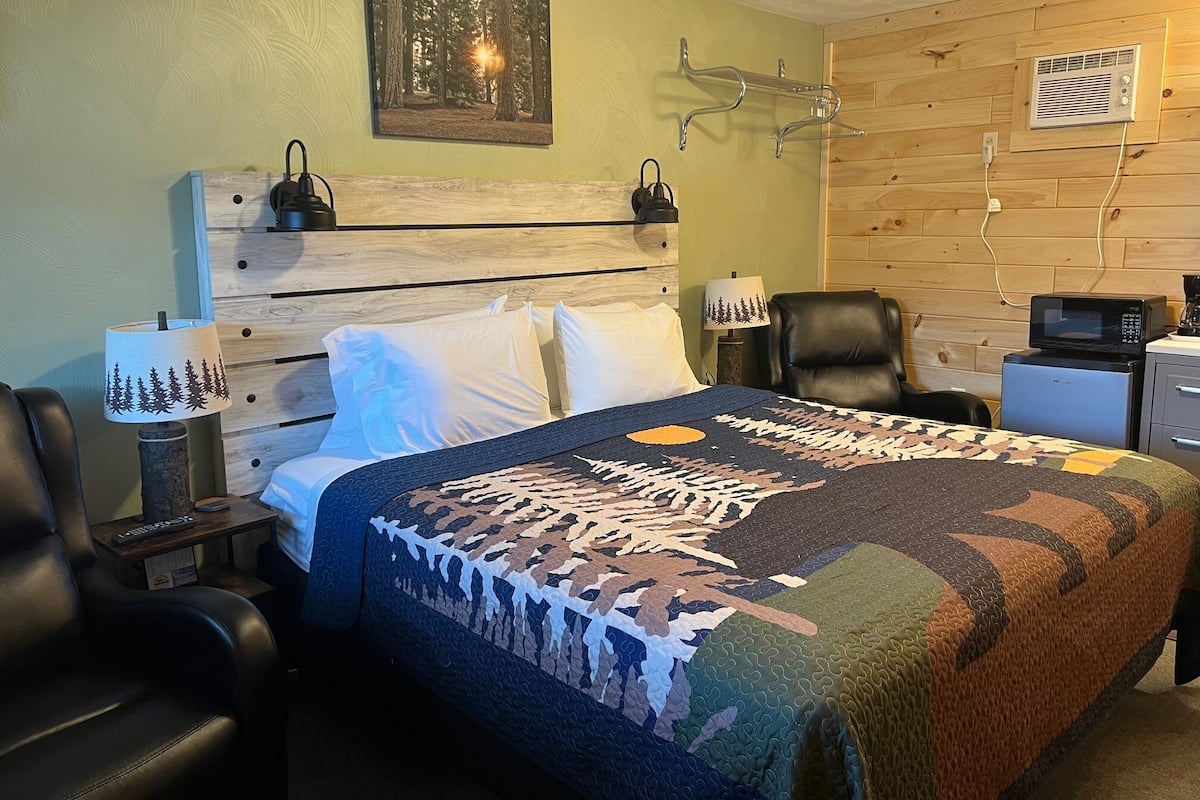 Habitación de hotel con cama, escritorio, silla, lámpara, un cuadro y un calentador.