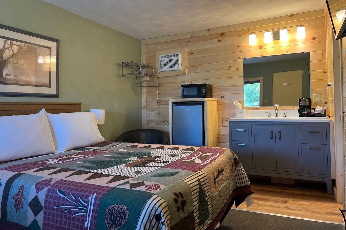 Un dormitorio con cama, un refrigerador pequeño, un microondas, un lavamanos y un espejo.