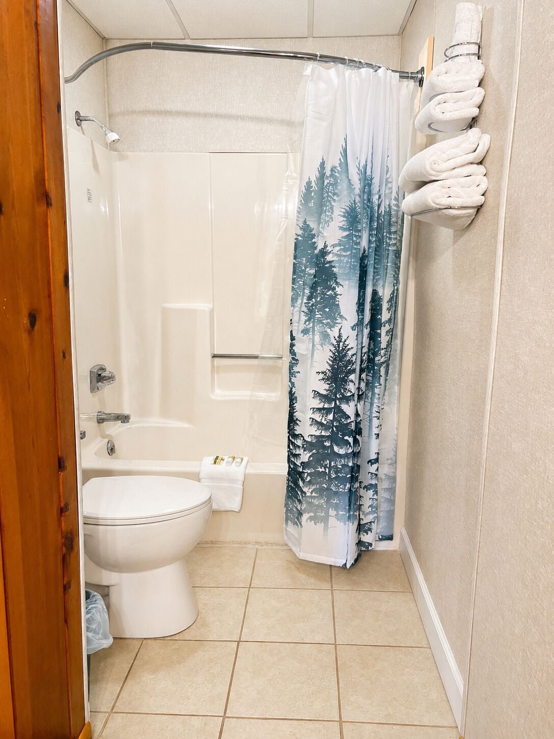 A bathroom with a shower, toilet, and bathtub.
