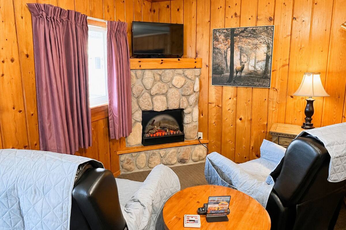 Una habitación acogedora con chimenea de piedra, un televisor de pantalla plana montado sobre ella y un cuadro de un bosque enmarcado en la pared.