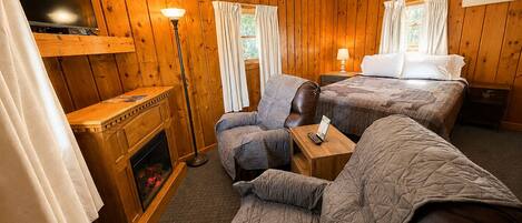 A wooden-paneled room with a fireplace, a television, a bed, a chair, and a nightstand.