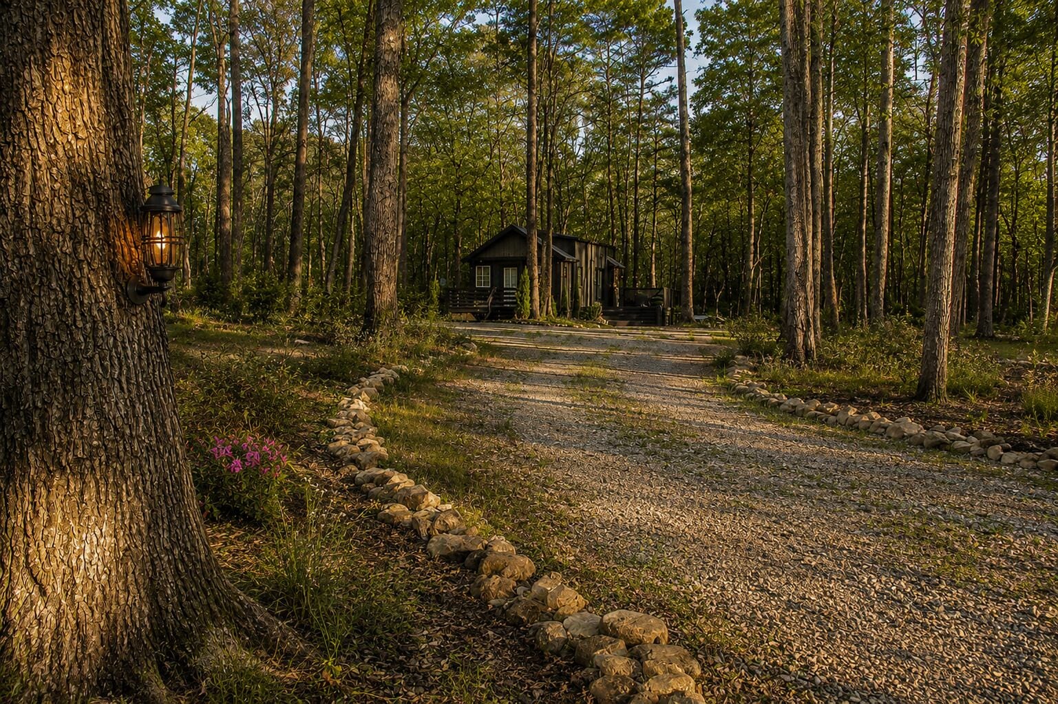 A cabin surrounded by tall trees, a gravel path leading to it, and a stone wall on one side.