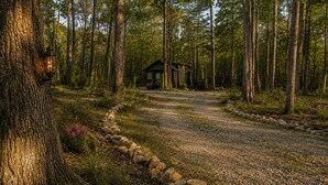 Una cabaña rodeada de altos árboles, un sendero de grava que lleva a ella y un muro de piedra en un lado.