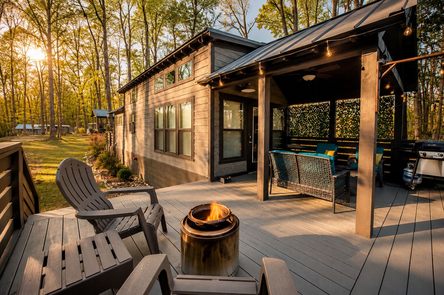 A wooden deck with outdoor furniture, a fire pit, and a covered seating area.