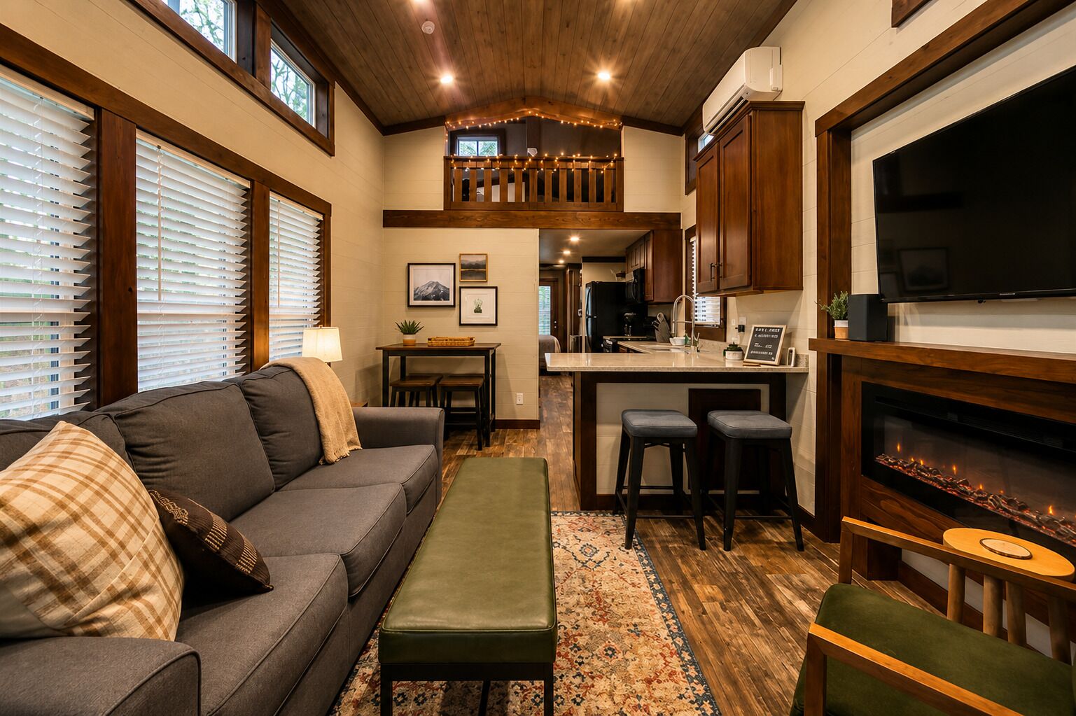 A cozy living room with a sofa, ottoman, and a dining area with a table and chairs. A kitchen area with a stove and bar stools is visible.