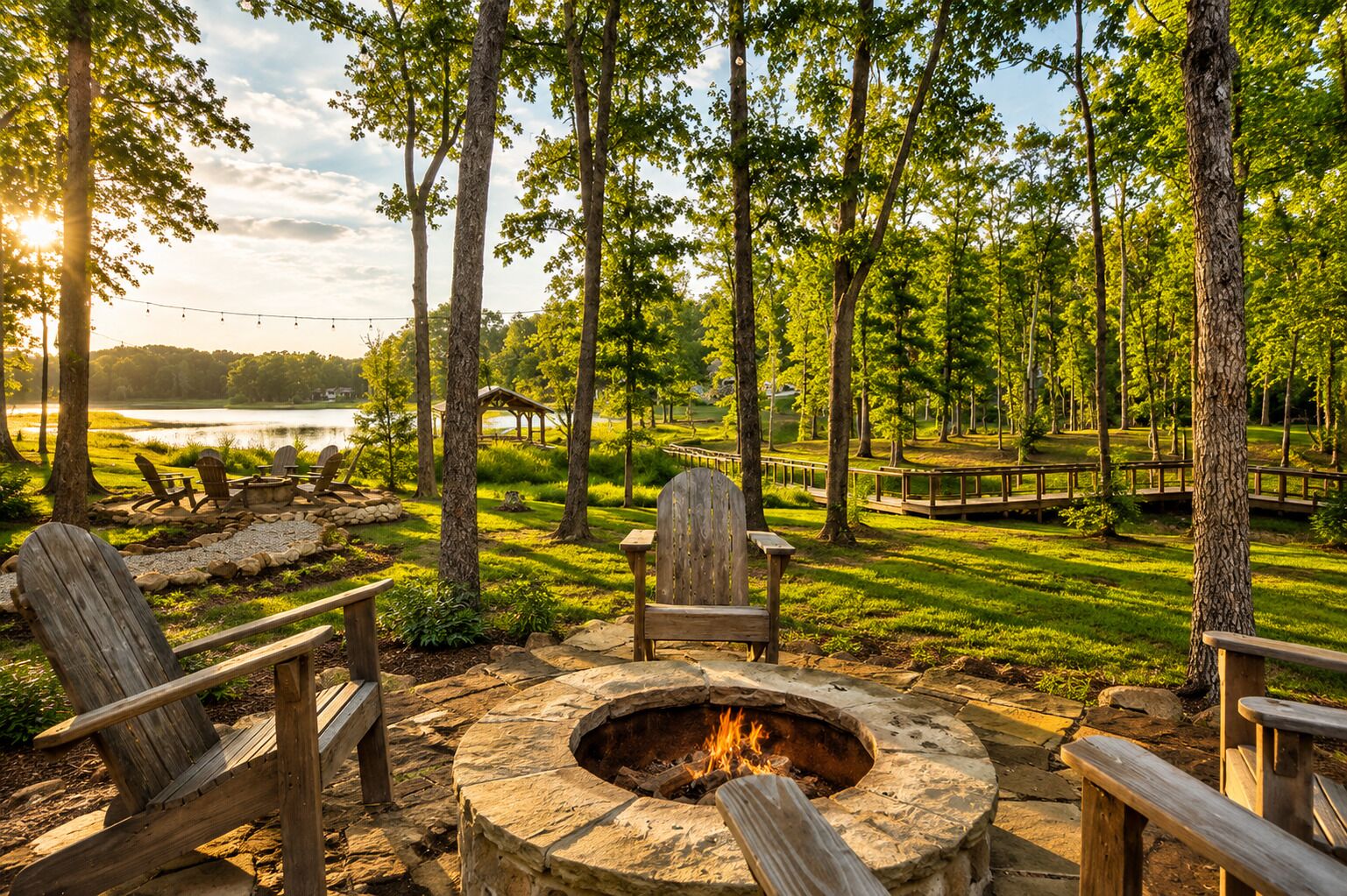 A circular stone fire pit with chairs around it, set in a grassy area with trees and a view of a body of water.