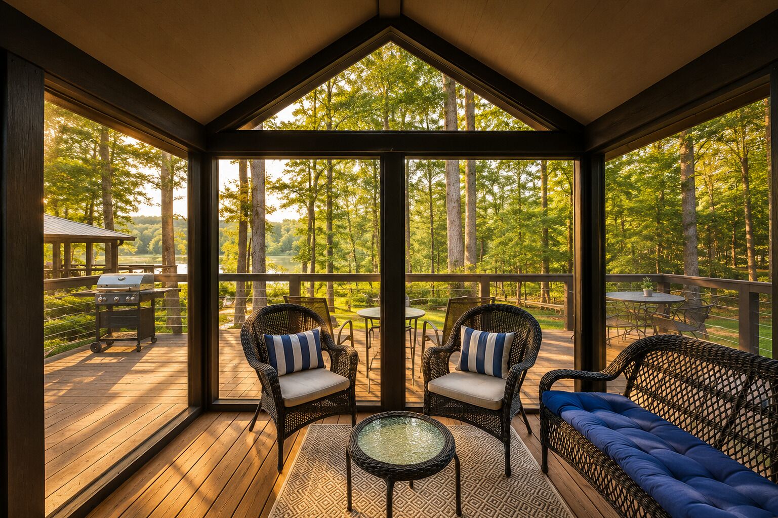 A covered outdoor deck with wicker furniture, a grill, and a view of a wooded area.