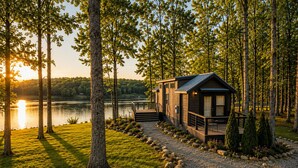 A cabin with a deck, surrounded by trees and a lake. - Edgewater at The Retreat at Water's Edge (Tracy City)