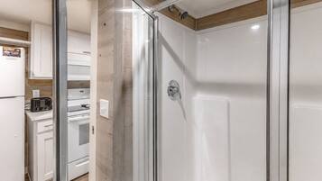 A modern bathroom with a glass shower enclosure, a white toilet, and a sink.